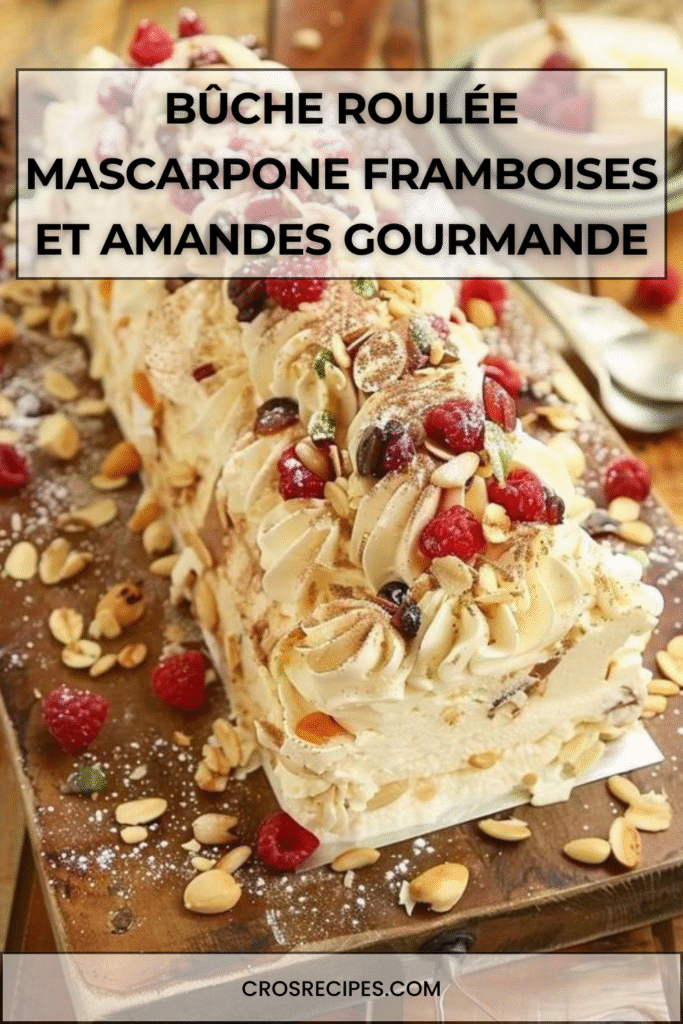 Bûche roulée au mascarpone garnie de framboises fraîches et amandes effilées, saupoudrée de sucre glace.