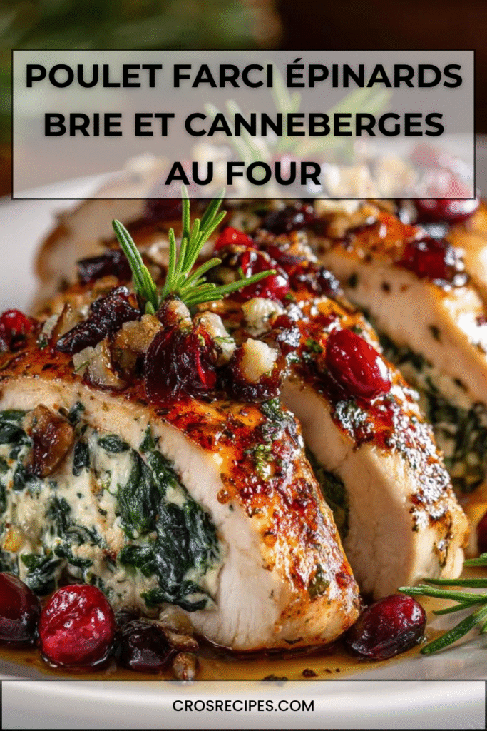 Poitrines de poulet farcies aux épinards, brie fondant et canneberges, nappées de glaçage miel balsamique et garnies de romarin frais.