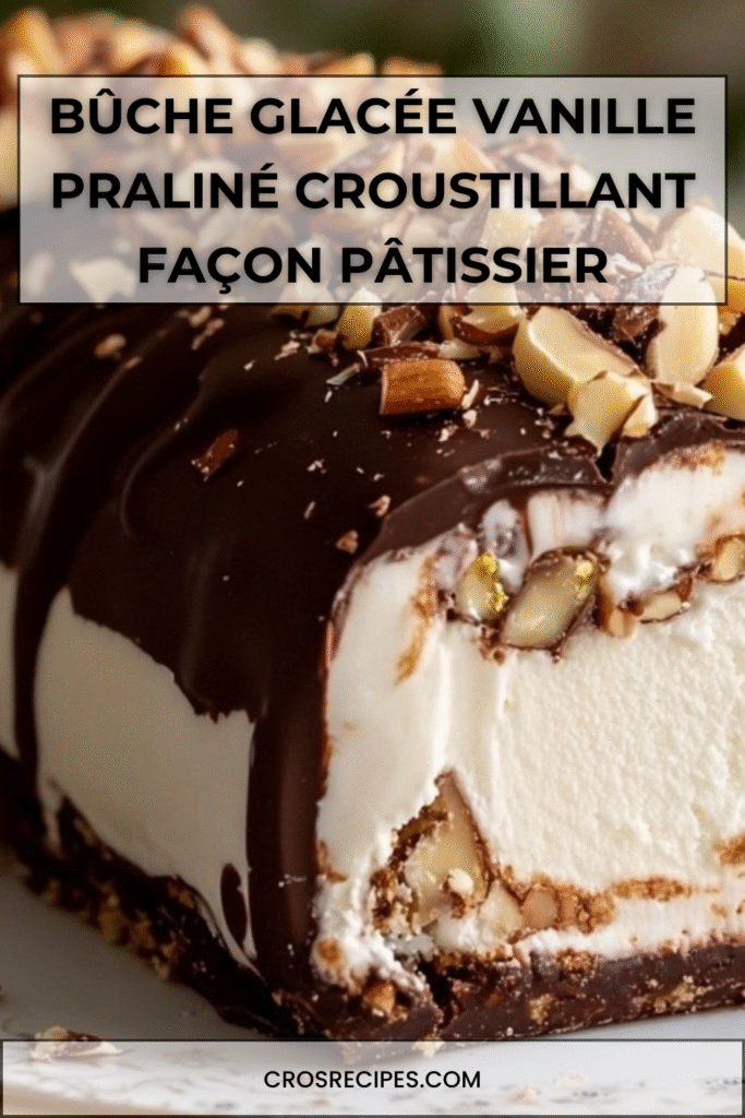 Bûche glacée vanille avec cœur praliné croustillant, nappée de chocolat noir craquant et décorée d’amandes torréfiées.