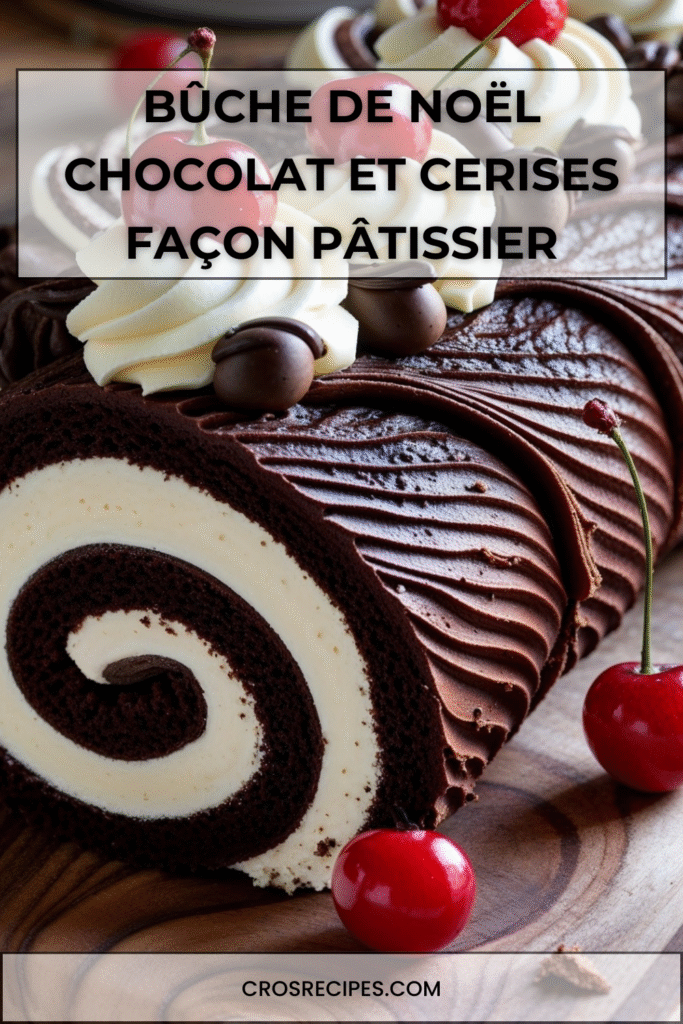 Bûche de Noël roulée au chocolat garnie de crème chantilly aux cerises, nappée de ganache et décorée de cerises et copeaux de chocolat.