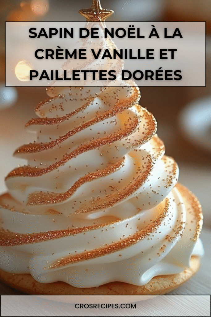 Dessert en forme de sapin de Noël sur base de biscuit sablé, garni de crème vanille pochée en cône et décoré de paillettes et étoiles dorées.