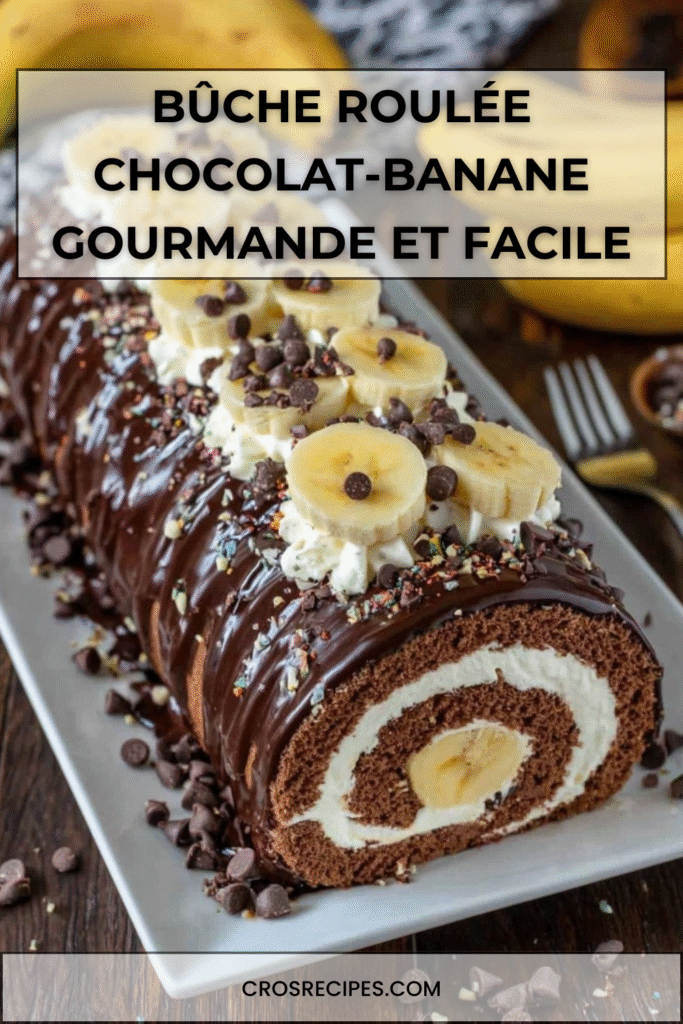 Bûche roulée au chocolat garnie de crème mascarpone et banane, nappée de glaçage brillant et décorée de rondelles de banane et pépites de chocolat.