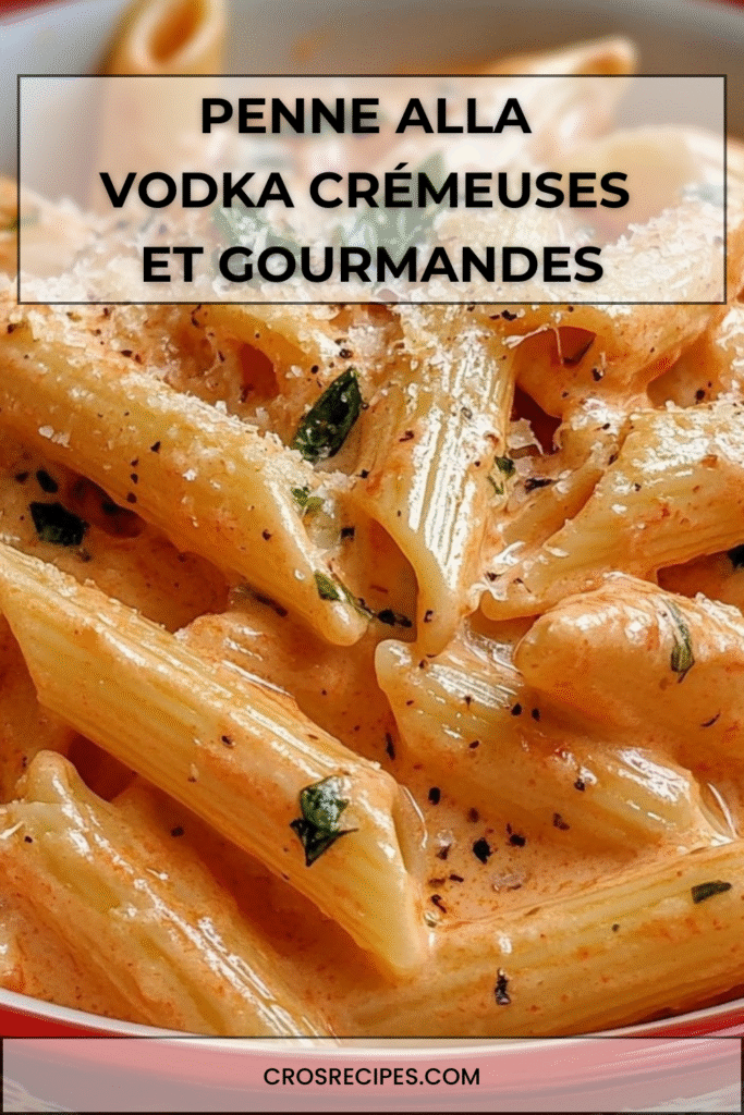 Assiette de penne alla vodka crémeuses avec sauce tomate, parmesan râpé et feuilles de basilic frais, servie dans une assiette blanche sur une table en bois.
