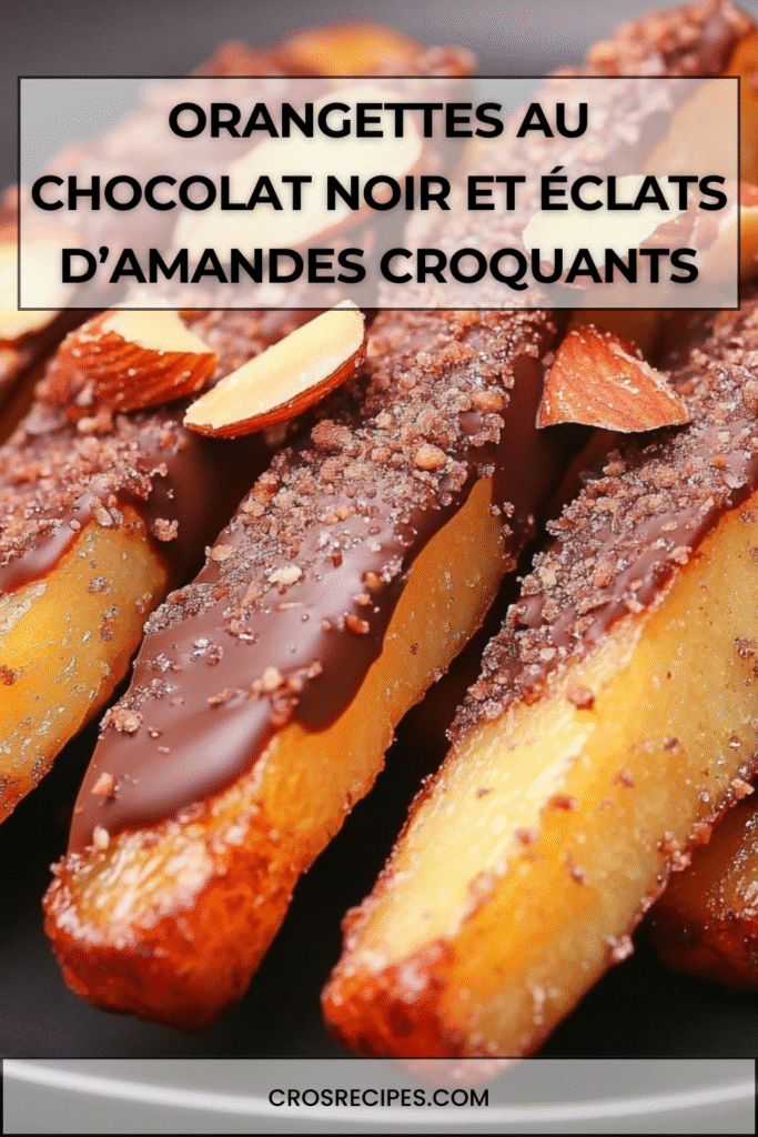 Orangettes au chocolat noir brillantes décorées d’éclats d’amandes grillées, alignées sur une feuille de papier cuisson.