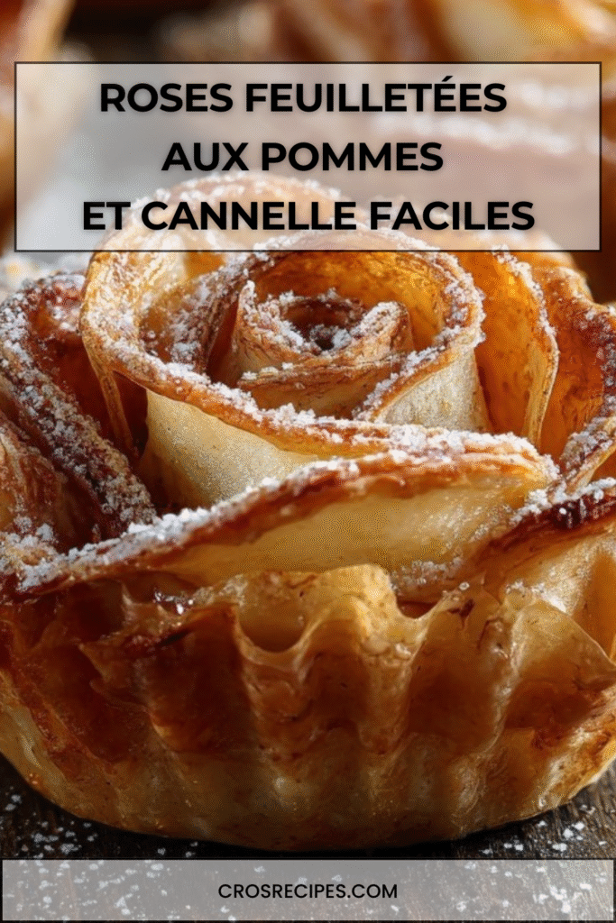 Roses feuilletées aux pommes et à la cannelle dorées au four, disposées dans des moules à muffins, saupoudrées de sucre glace sur une assiette de service.