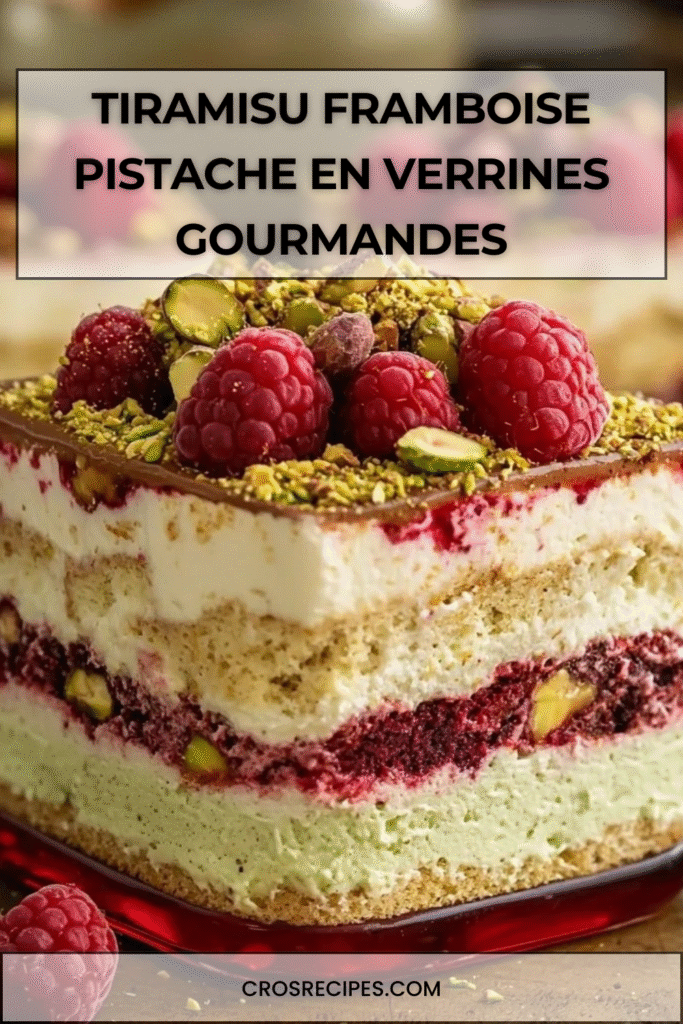 Verrine de tiramisu framboise et pistache avec couches colorées de crème verte à la pistache, coulis de framboise et base biscuitée, décorée de framboises fraîches et pistaches concassées.