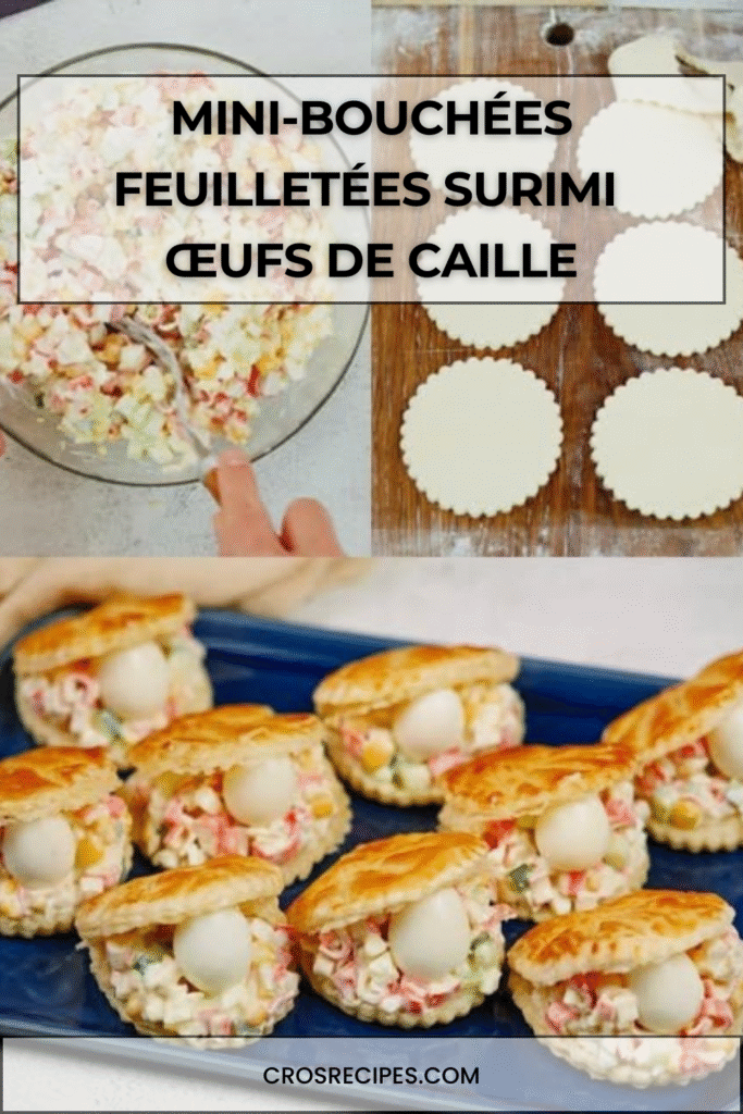 Plateau de mini-bouchées feuilletées garnies de surimi, œufs durs, dés de légumes croquants et œufs de caille, servi en apéritif festif.