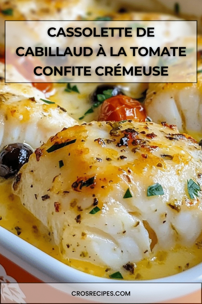 Cassolette de cabillaud gratiné au four, nappé d’une sauce crémeuse à la tomate confite, olives noires et herbes fraîches dans un plat en céramique.