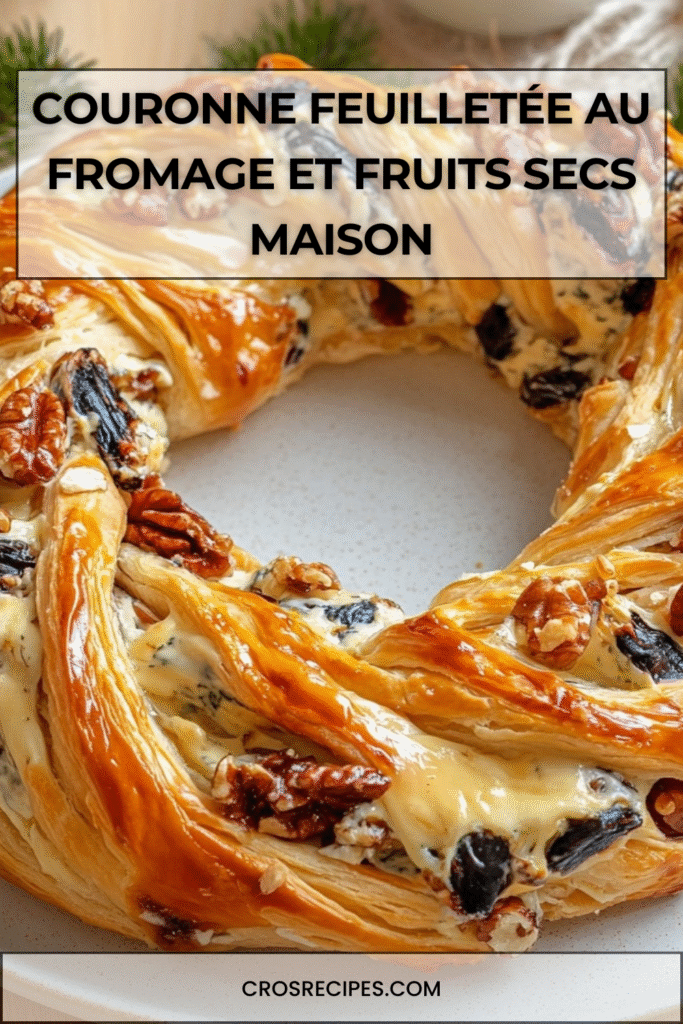 Couronne feuilletée dorée garnie de fromage fondant, noix croquantes et pruneaux, présentée sur une planche de service.