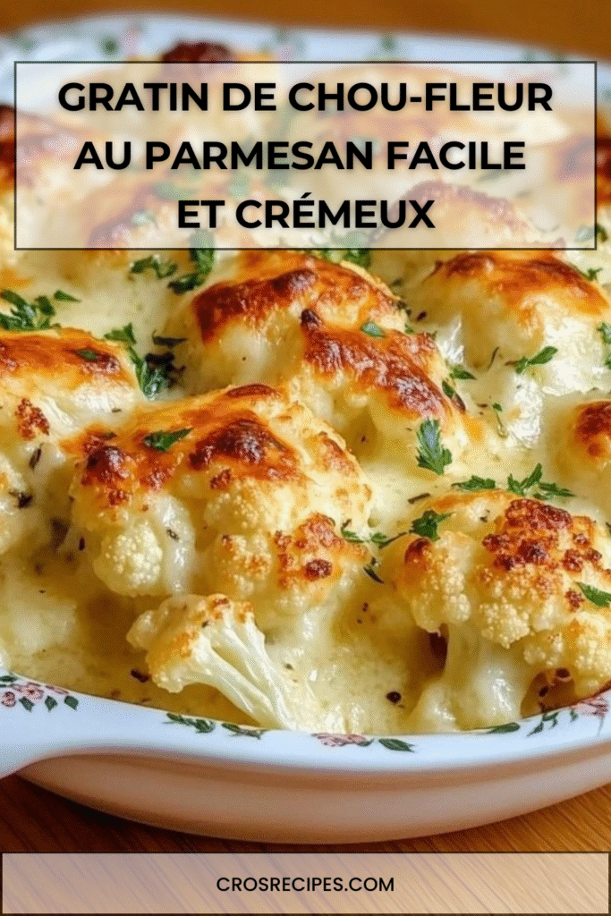 Gratin de chou-fleur doré au parmesan dans un plat allant au four, parsemé de persil frais.