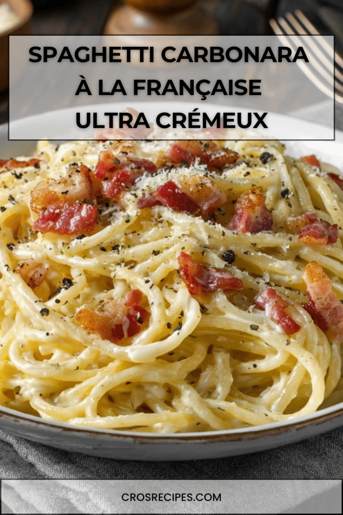 Assiette de spaghetti carbonara français avec lardons croustillants et sauce crémeuse au fromage.