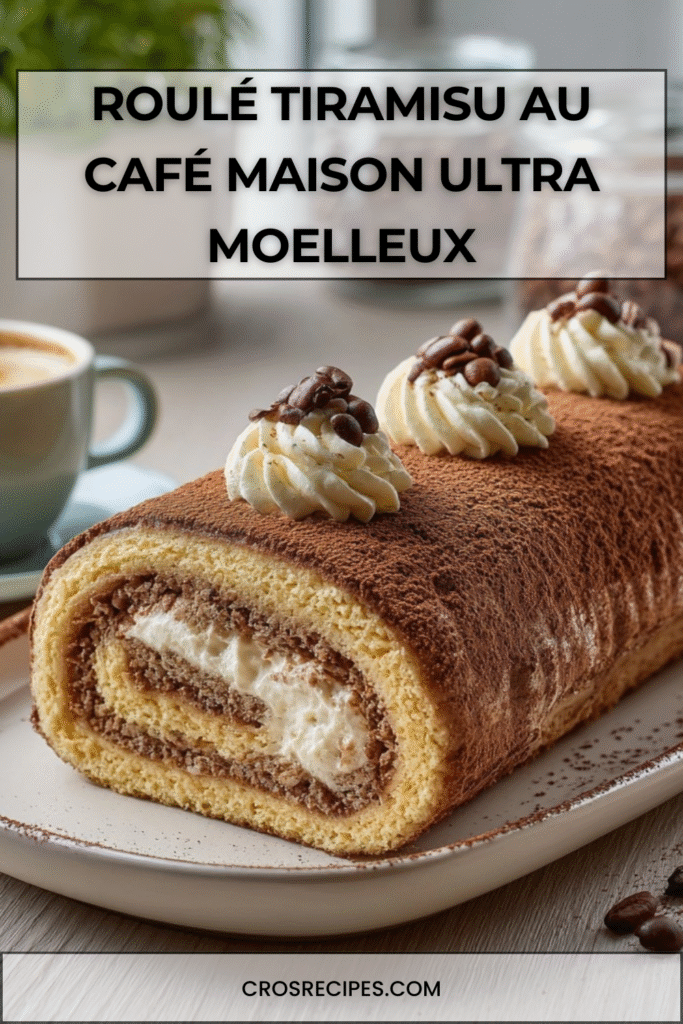 Biscuit roulé tiramisu au café, saupoudré de cacao, garni de crème mascarpone et décoré de grains de café.