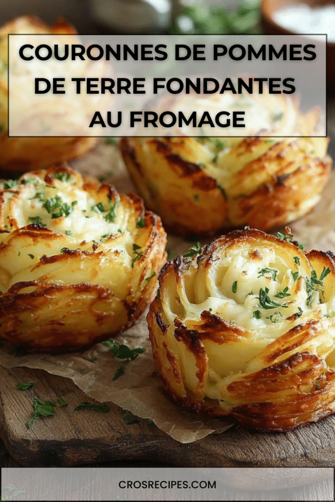 Couronnes de pommes de terre finement tranchées, dorées et garnies de fromage fondant dans un moule à muffins.