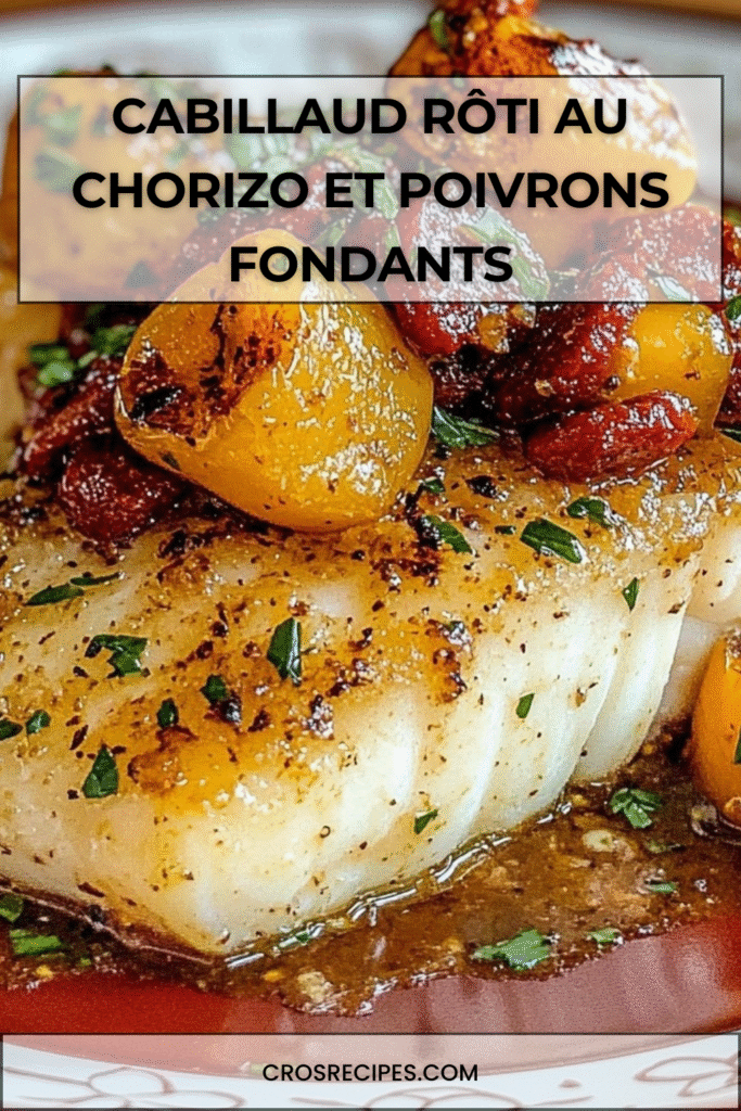 Pavé de cabillaud rôti nappé d’un mélange chorizo et poivrons sur assiette, décoré de persil frais.