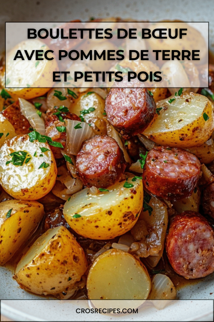 Boulettes de bœuf mijotées servies avec pommes de terre, carottes et petits pois dans une sauce tomate parfumée.