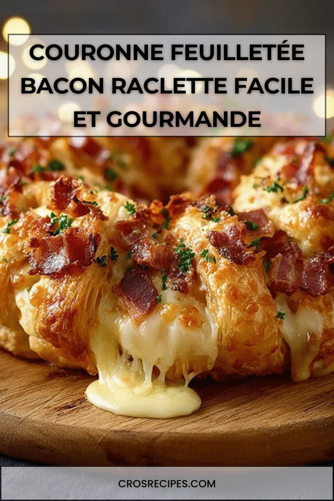 Couronne feuilletée garnie de bacon et fromage à raclette, dorée et torsadée sur une plaque de cuisson.