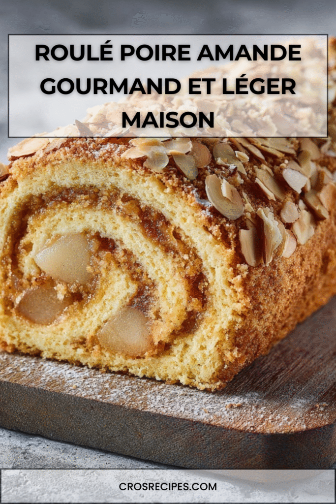 Roulé poire amande garni de crème mascarpone et décoré d’amandes effilées sur le dessus.
