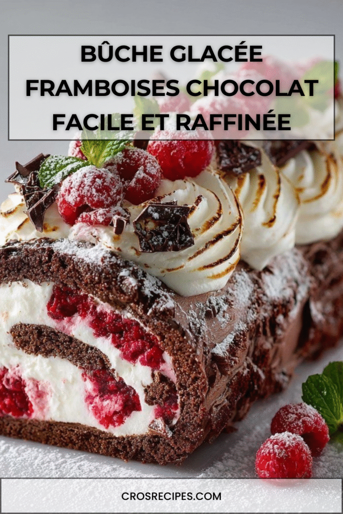 Bûche glacée roulée au cacao garnie de crème glacée et framboises, recouverte de meringue caramélisée et décorée de framboises fraîches et copeaux de chocolat.