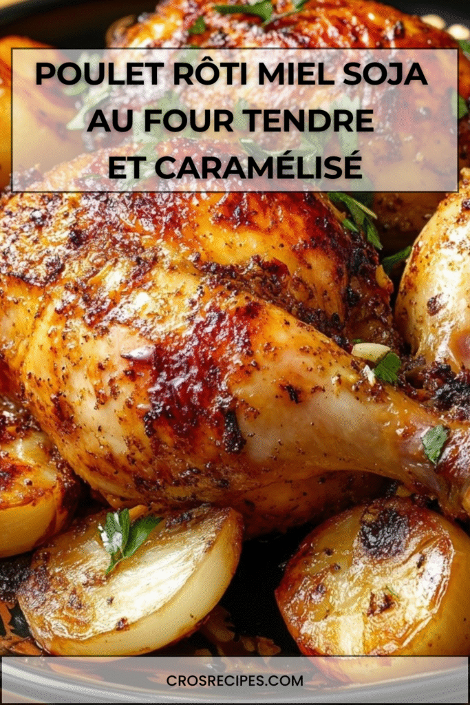 Cuisses de poulet rôti au miel et à la sauce soja, dorées et caramélisées, servies dans un plat avec oignons et herbes fraîches.