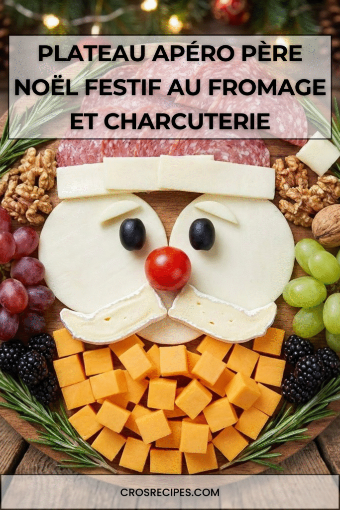 Plateau apéro en forme de visage de Père Noël composé de saucisson, fromages, olives, tomate cerise et fruits.
