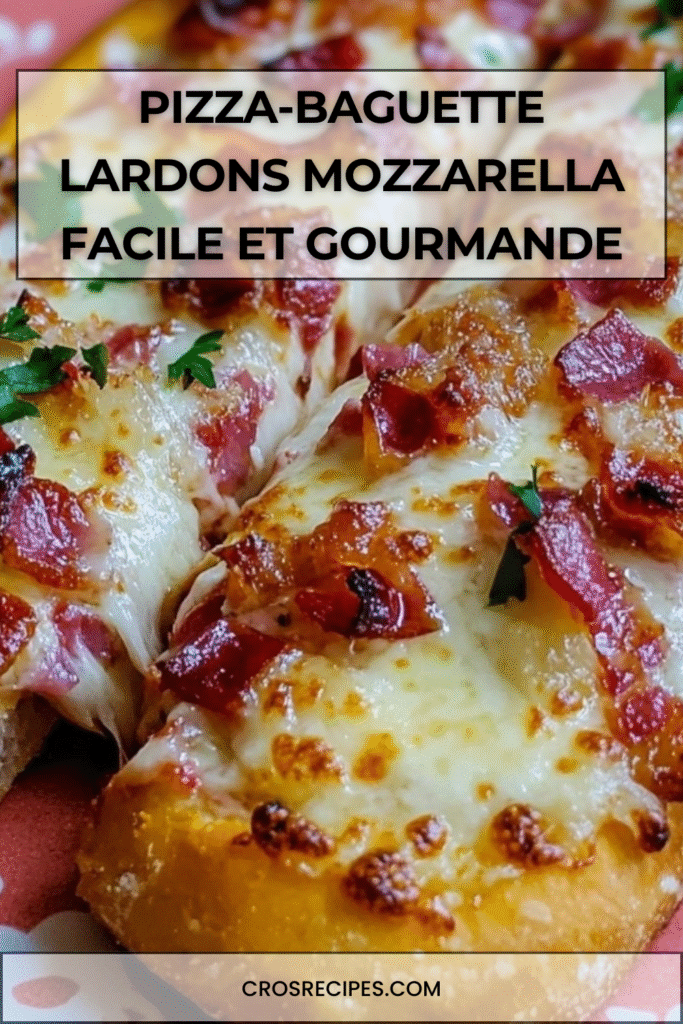 Pizza-baguette garnies de coulis de tomate, mozzarella fondue, lardons croustillants et persil frais servies sur une plaque de cuisson.