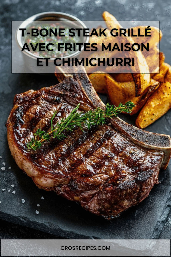T-bone steak grillé servi avec frites maison croustillantes et sauce chimichurri.
