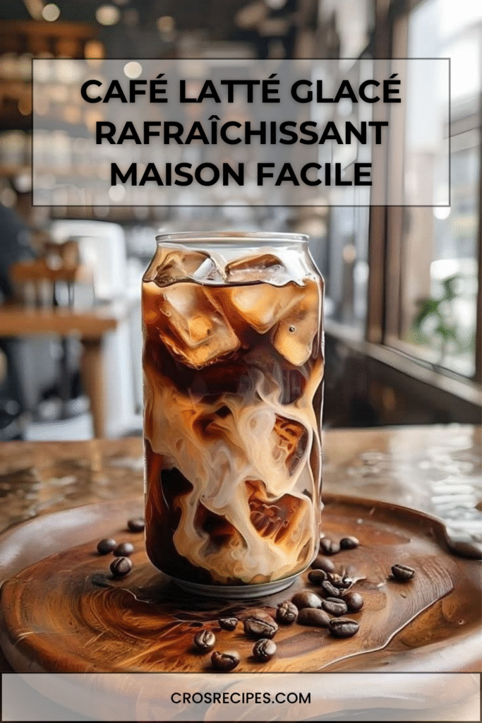 Verre de café latté glacé avec glaçons et effet marbré.