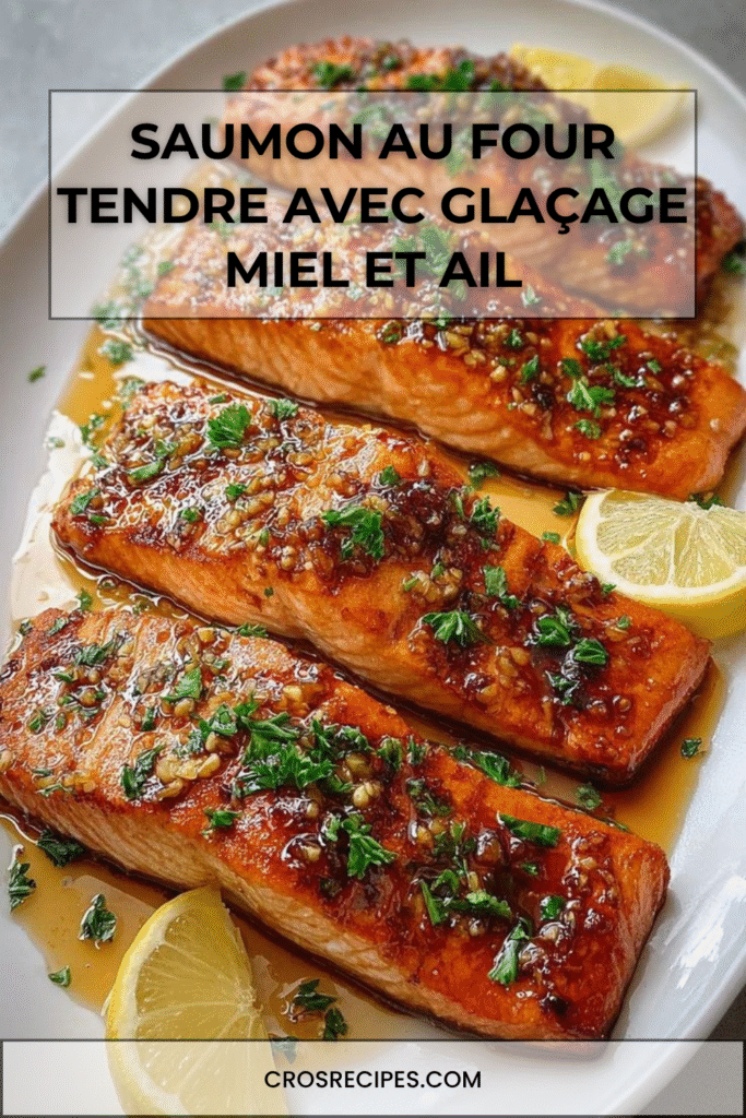Pavés de saumon au four avec glaçage miel et ail, garnis de persil.