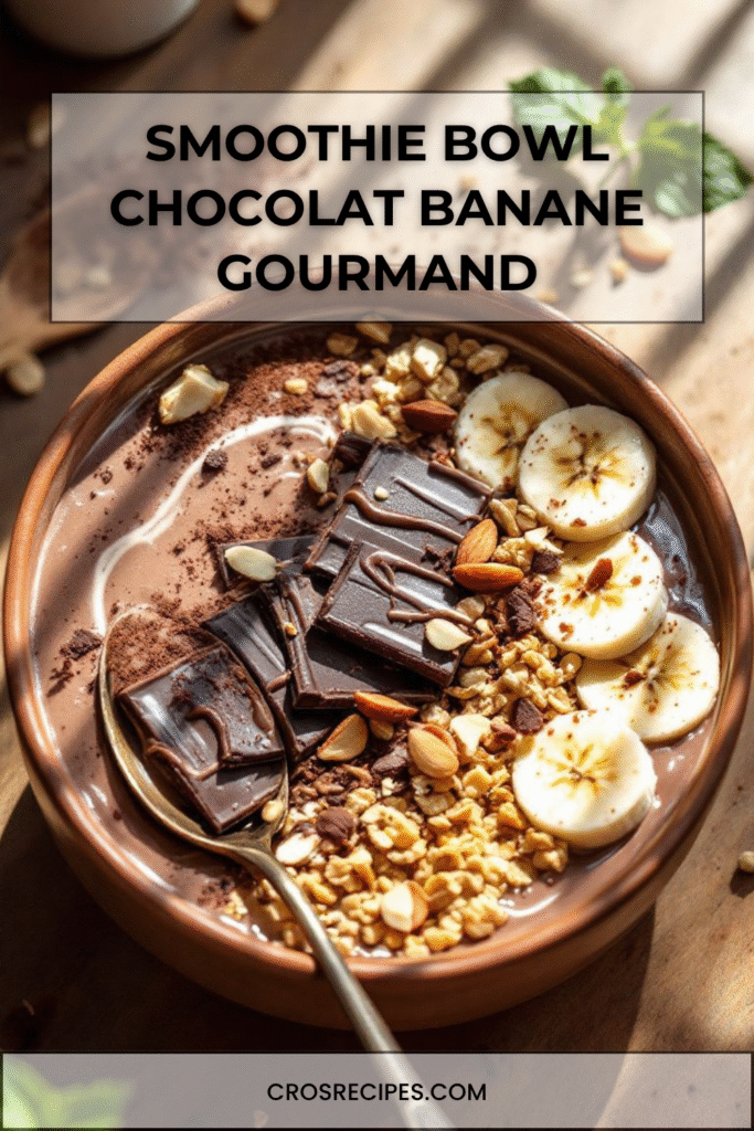 Bol de smoothie chocolat banane garni de tranches de banane, granola et copeaux de chocolat.
