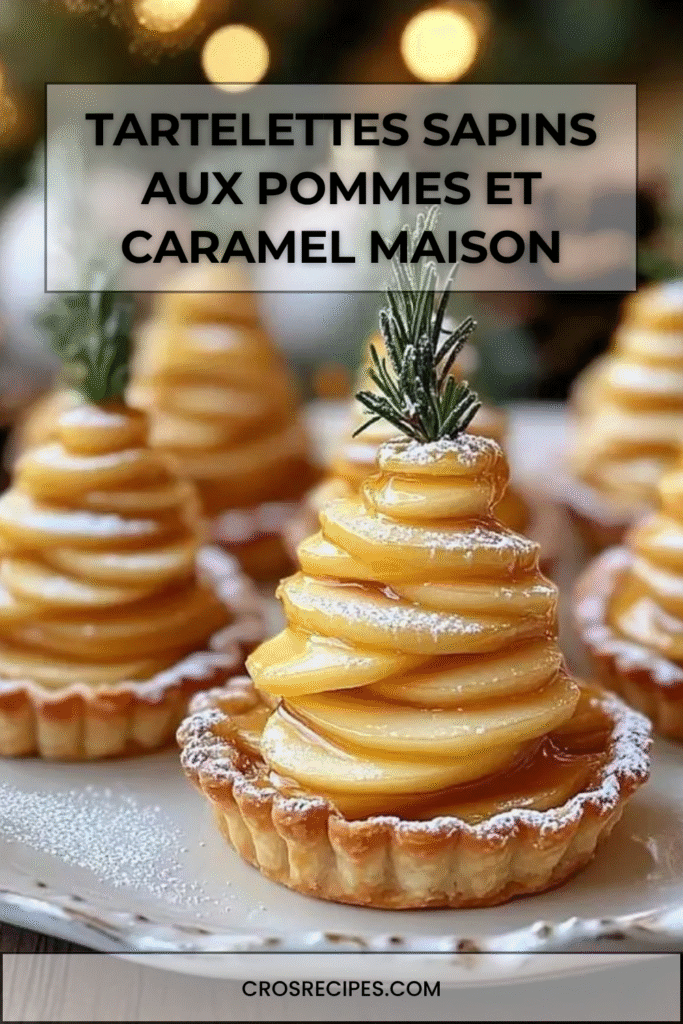 Tartelettes sapins garnies de pommes fines et caramel, décorées de sucre glace.