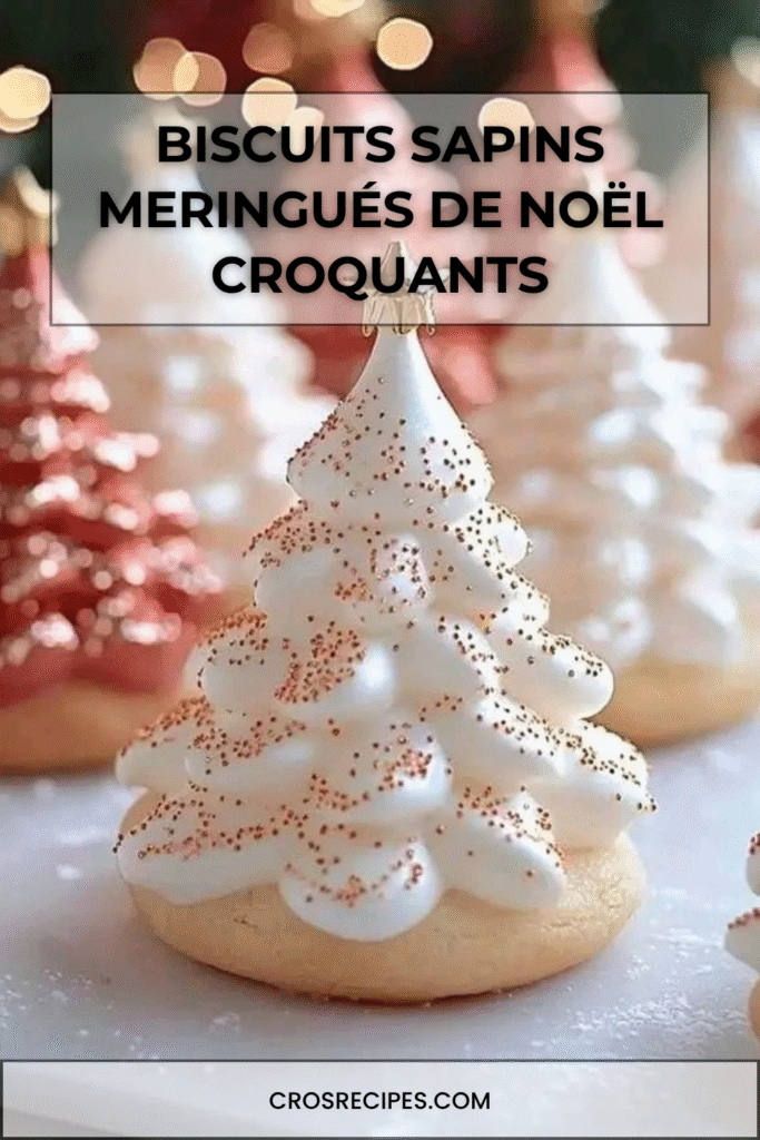 Biscuits sablés garnis de meringue en forme de sapin, décorés pour Noël.
