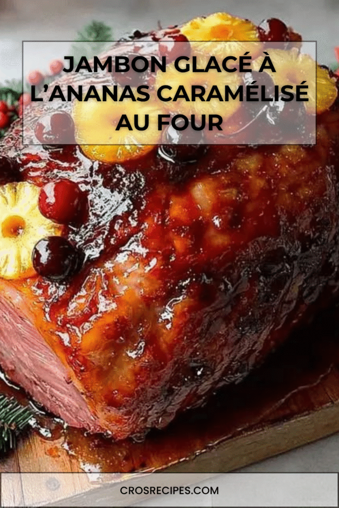 Jambon rôti glacé décoré de tranches d’ananas et cerises rouges.