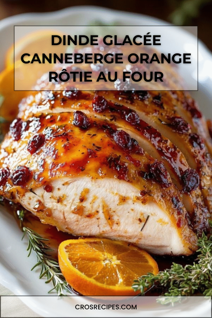 Blanc de dinde rôti nappé d’un glaçage à la canneberge et à l’orange, décoré de romarin.