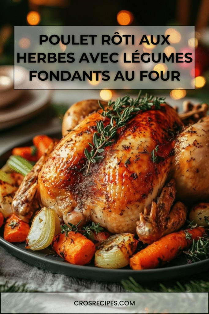 Poulet entier rôti au four entouré de légumes carottes, oignons et céleri.