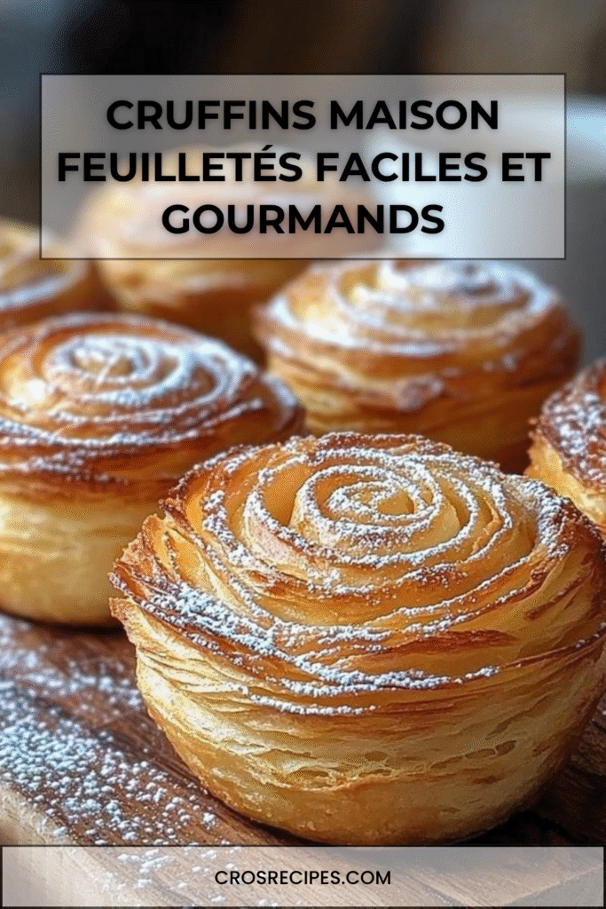 Cruffins feuilletés dorés et saupoudrés de sucre glace dans des moules à muffins.