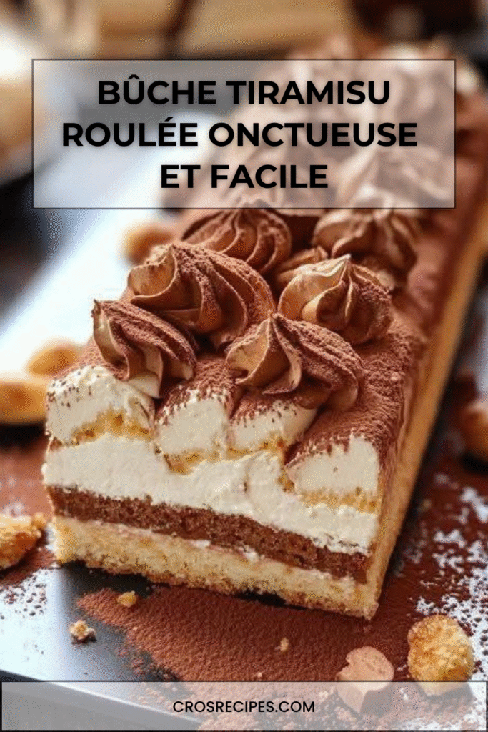 Bûche tiramisu roulée recouverte de crème mascarpone et saupoudrée de cacao.