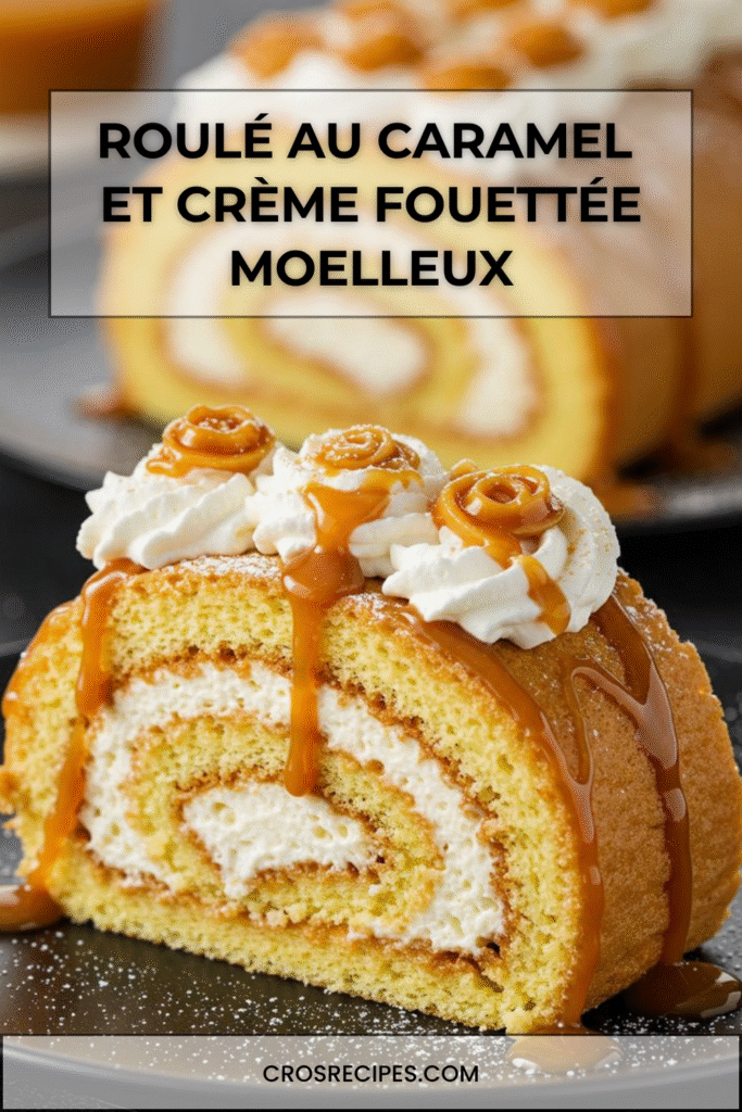 Gâteau roulé moelleux garni de crème fouettée au caramel et nappé de caramel.