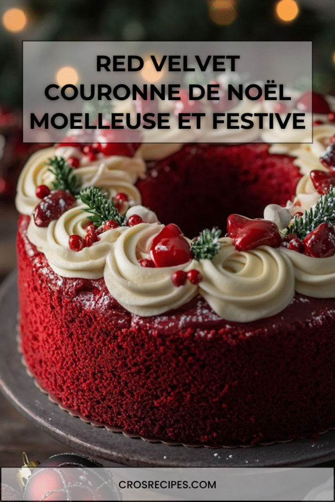 Gâteau Red Velvet en forme de couronne décoré de glaçage blanc, romarin et canneberges.
