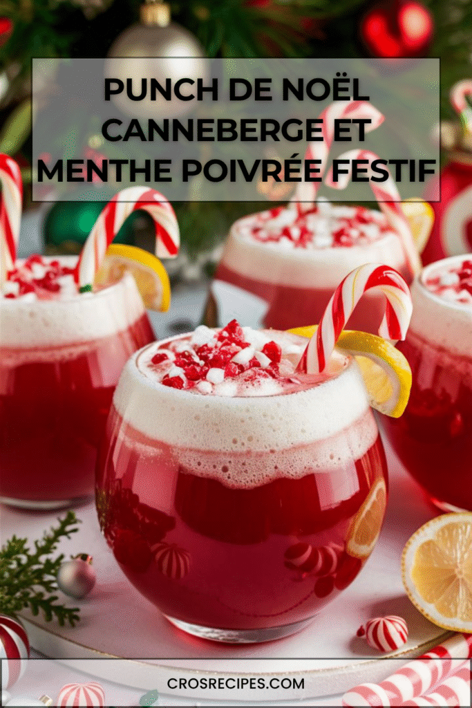 Verres de punch de Noël rouges garnis de crème fouettée et de cannes à sucre.