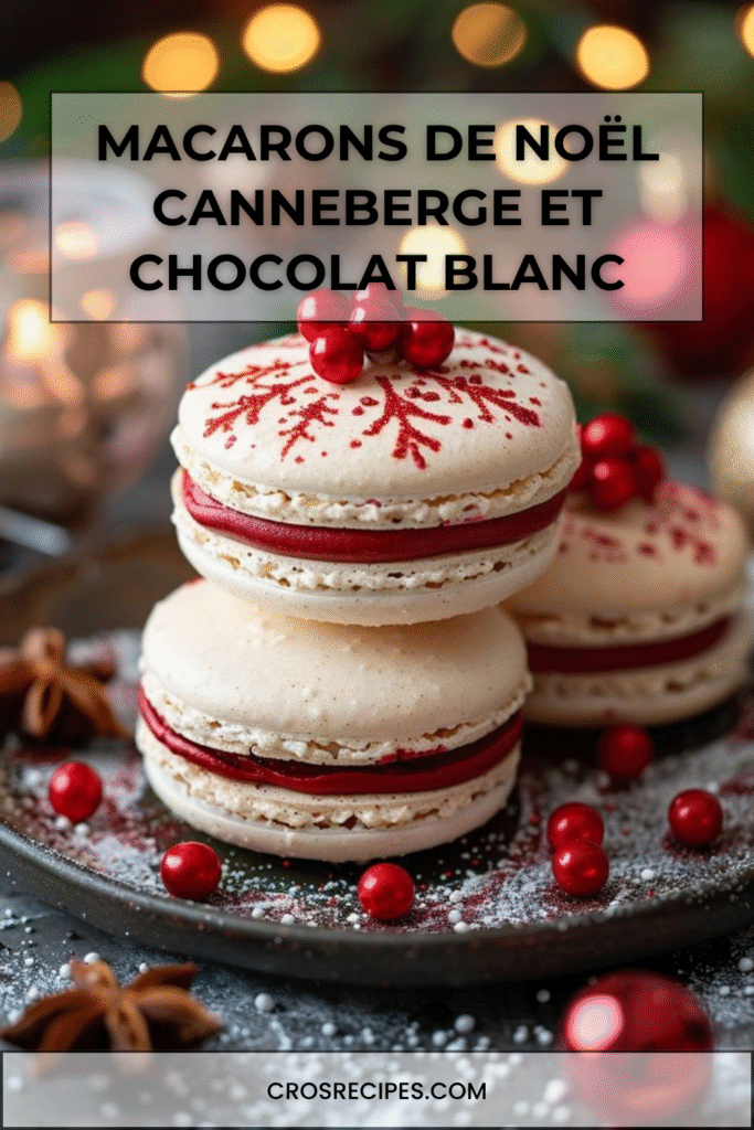 Macarons de Noël rouges garnis de ganache au chocolat blanc et confiture de canneberge, décorés de flocons de neige en glaçage.