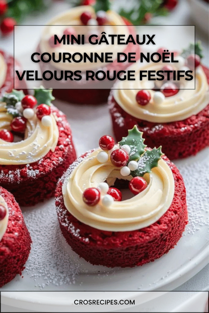 Mini gâteaux velours rouge décorés en forme de couronne de Noël avec glaçage blanc, baies rouges et perles de sucre.