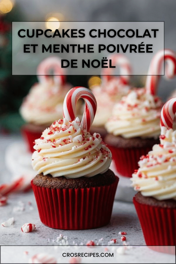 Cupcakes au chocolat décorés de glaçage à la menthe poivrée et de cannes à sucre pour Noël.