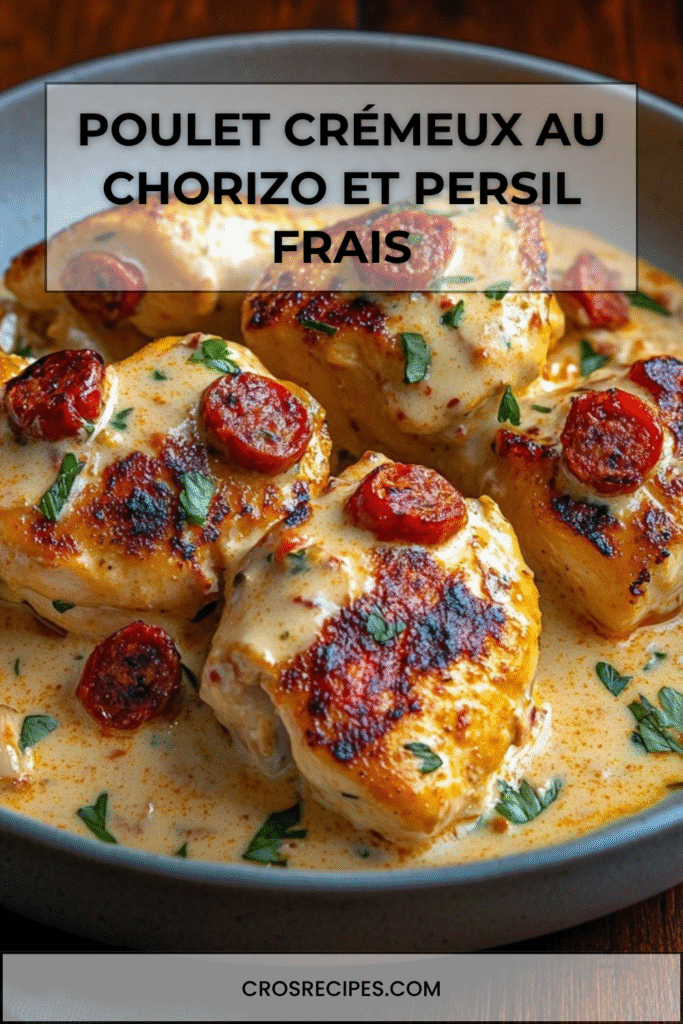 Poulet crémeux au chorizo, un plat mijoté express avec sauce onctueuse et persil frais.