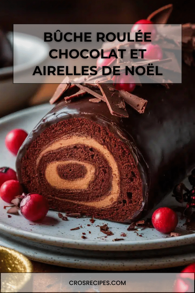 Bûche de Noël roulée au chocolat décorée d’airelles rouges, de romarin et saupoudrée de sucre glace.