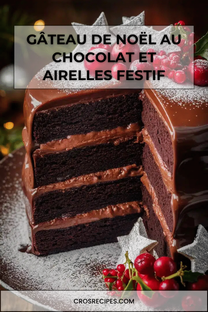 Gâteau Noël à étages au chocolat décoré de baies rouges, d’airelles et de sucre glace sur un plateau festif de Noël.