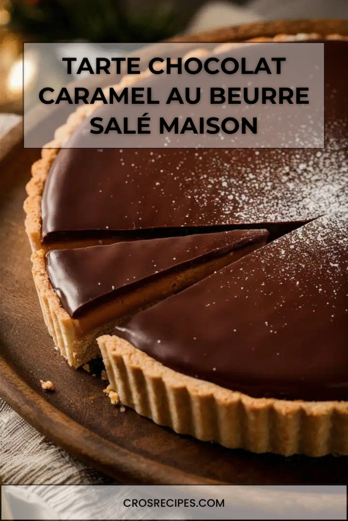 Tarte chocolat et caramel au beurre salé avec ganache brillante et fond de pâte sablée au cacao.