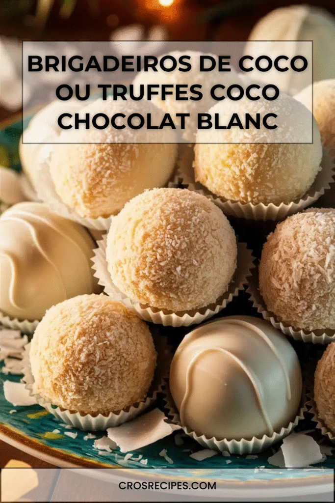 Truffes brésiliennes Beijinhos roulées dans la noix de coco et nappées de chocolat blanc, présentées dans des caissettes festives.