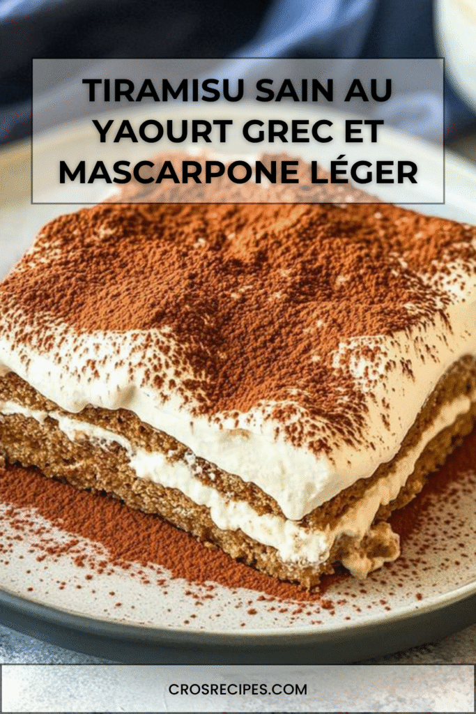 Tiramisu sain au yaourt grec et mascarpone saupoudré de cacao dans un plat en verre.