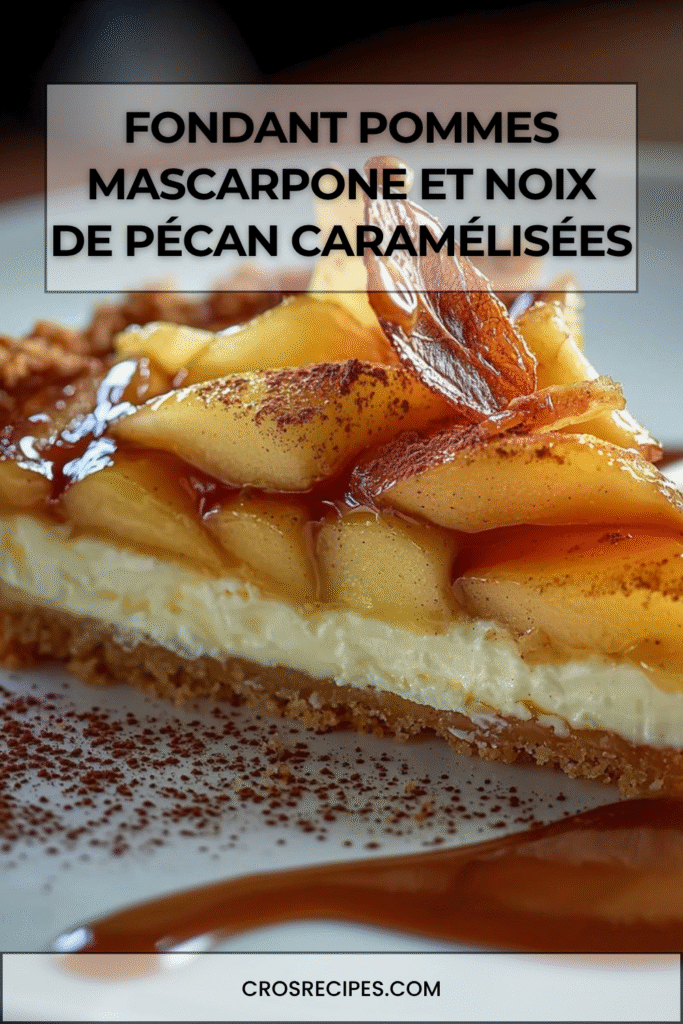 Fondant pommes et mascarpone garni de noix de pécan caramélisées et de sirop d’érable.