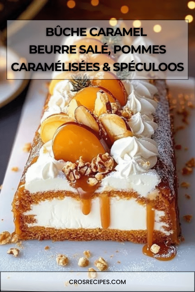 Bûche roulée garnie de caramel beurre salé, pommes caramélisées et spéculoos, décorée pour Noël.
